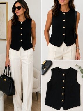 Rachel Zoe Black Structured Knit Sweater Vest Gold Button XS